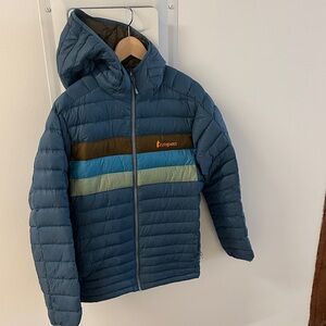 cotopaxi Blue Hooded Puffer Jacket with Brown and Teal Stripes